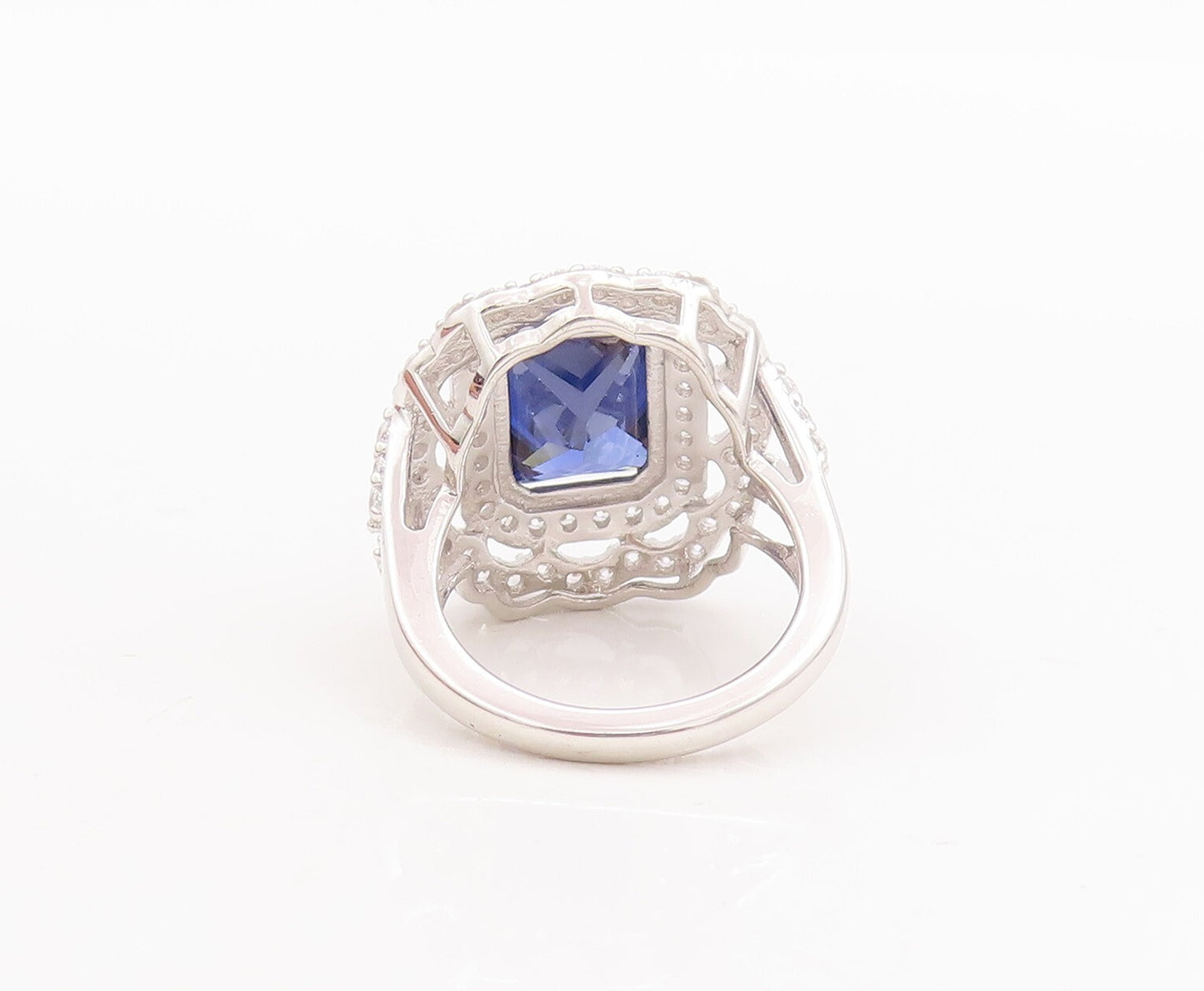 925 Sterling Silver Vintage Ring Rectangle Sapphire Carved CZ Frame Sz 7 RG29367