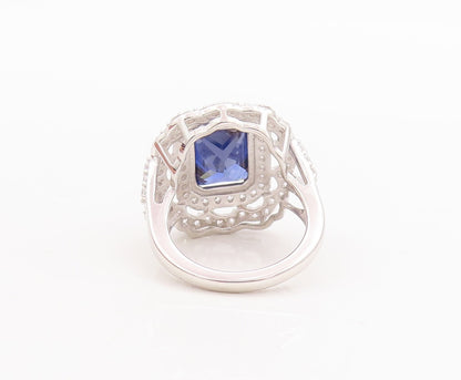925 Sterling Silver Vintage Ring Rectangle Sapphire Carved CZ Frame Sz 7 RG29367