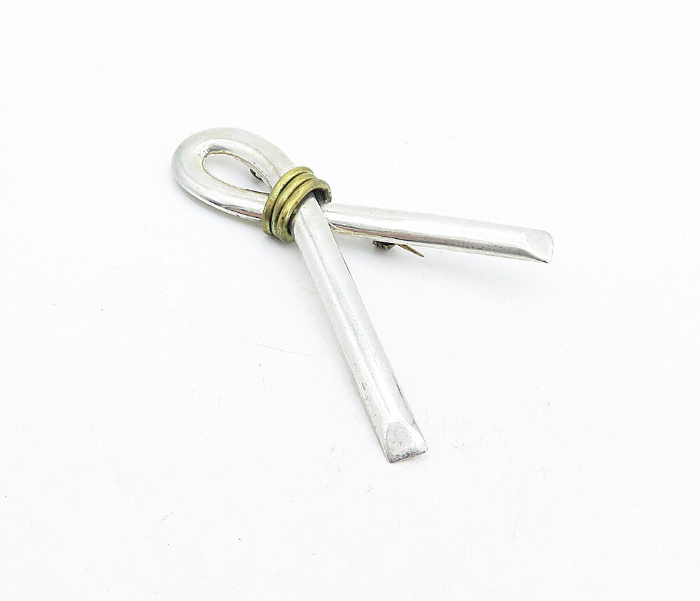 MEXICO 925 Sterling Silver  Vintage Two Tone Tied Ribbon Brooch Pin  BP2039