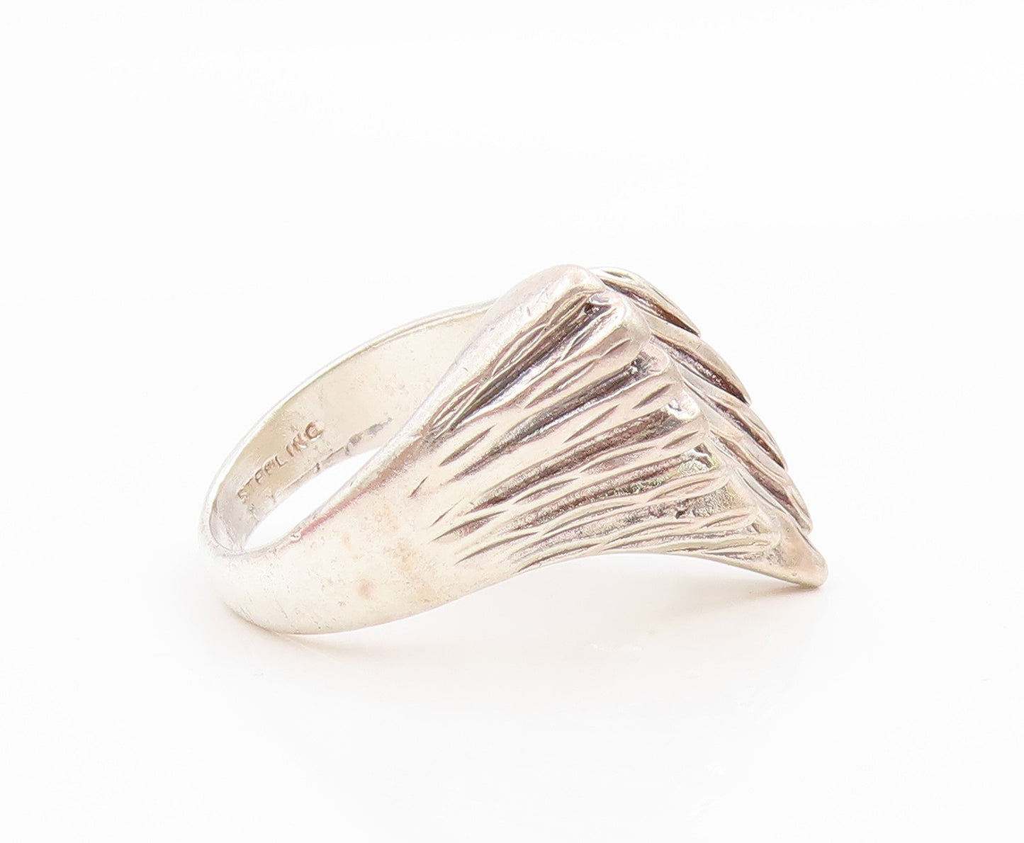 925 Sterling Silver Vintage Ring Classic Ribbed Feather Wing Band  Sz 7  RG36012