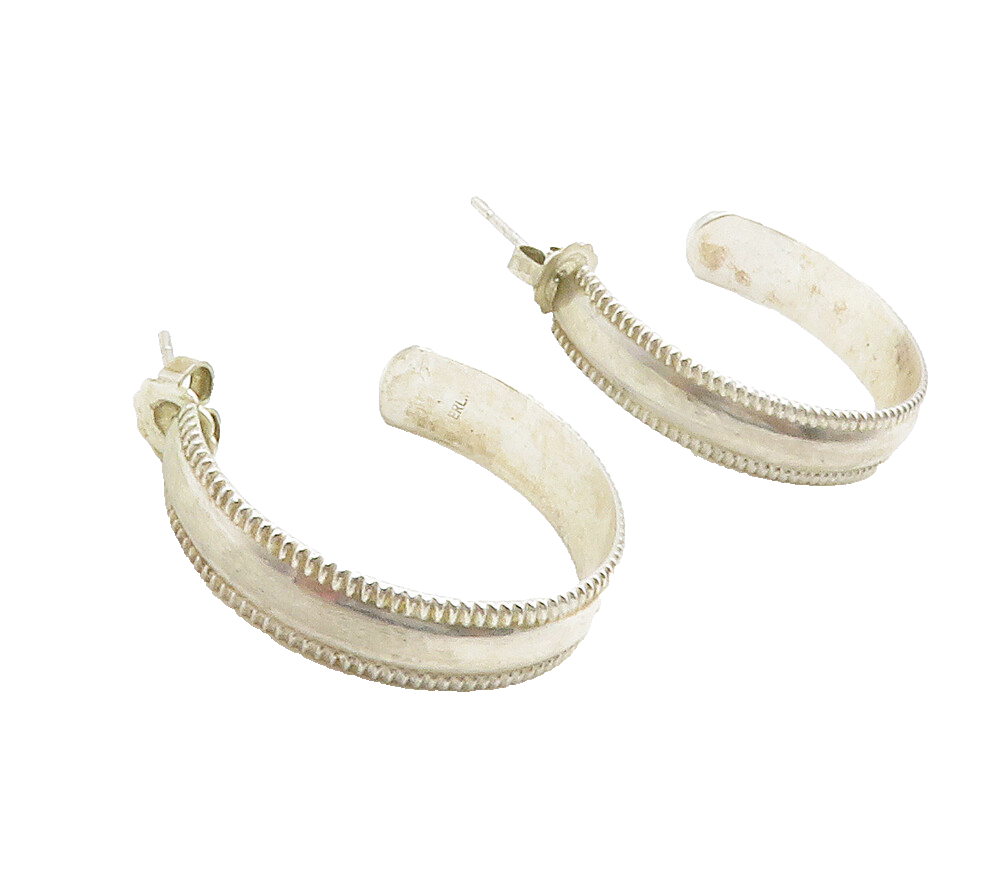 925 Sterling Silver  Vintage Shiny Smooth Fluted Trim JHoop Earrings  EG7567