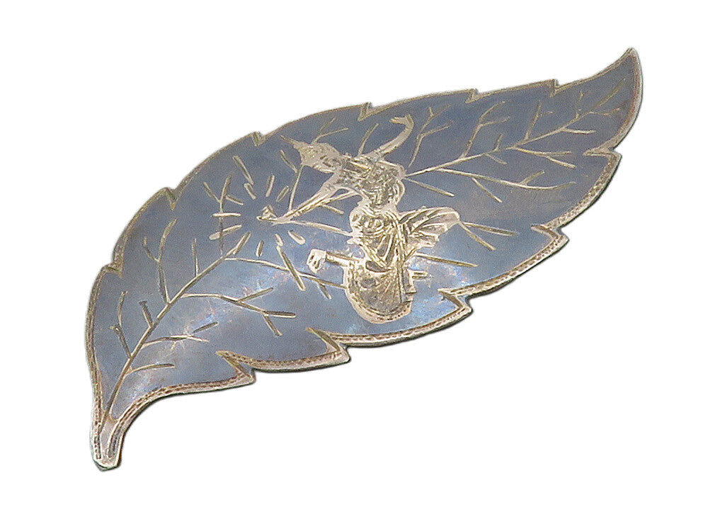 SIAM 925 Sterling Silver  Vintage Enamel Niello Dancer Leaf Brooch Pin  BP5270