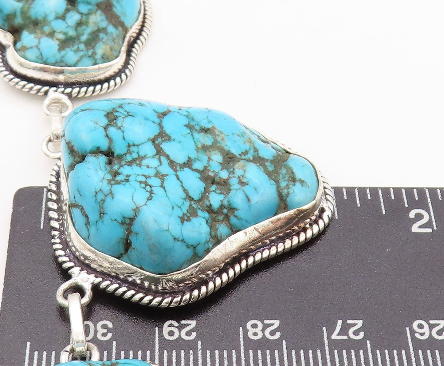 925 Sterling Silver Vintage Necklace Amorphas Linked Turquoise  NE4537