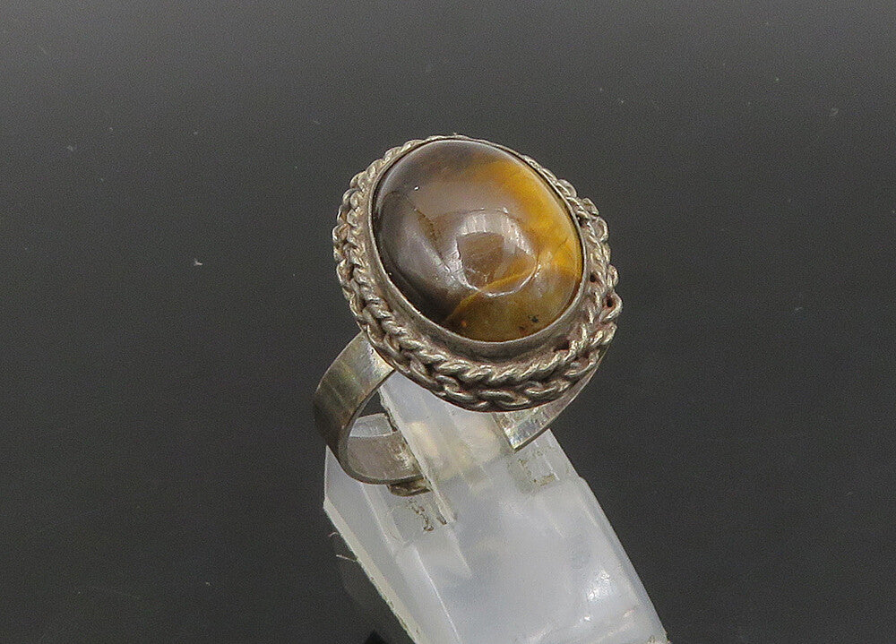 925 Silver   Vintage Tiger's Eye Large Adjustable Cocktail Ring Sz 12  RG23010