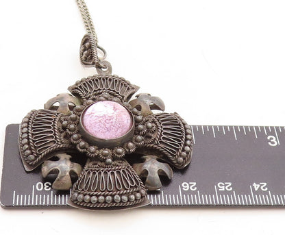 ISRAEL 925 Sterling Silver Vintage Antique Gemstone Cross Chain Necklace  NE1973