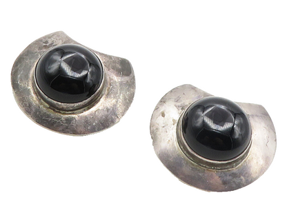 925 Sterling Silver  Vintage Cabochon Cut Black Onyx Drop Earrings  EG5175