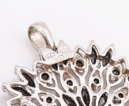 925 Sterling Silver Vintage Pendant Black CZ Floral Starburst Blossom  PT25789