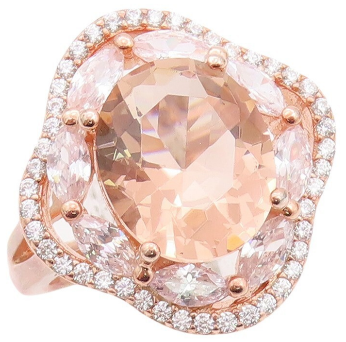 925 Sterling Silver Vintage Ring Rose Gold Plated Morganite & CZ  Sz 7.5 RG30076