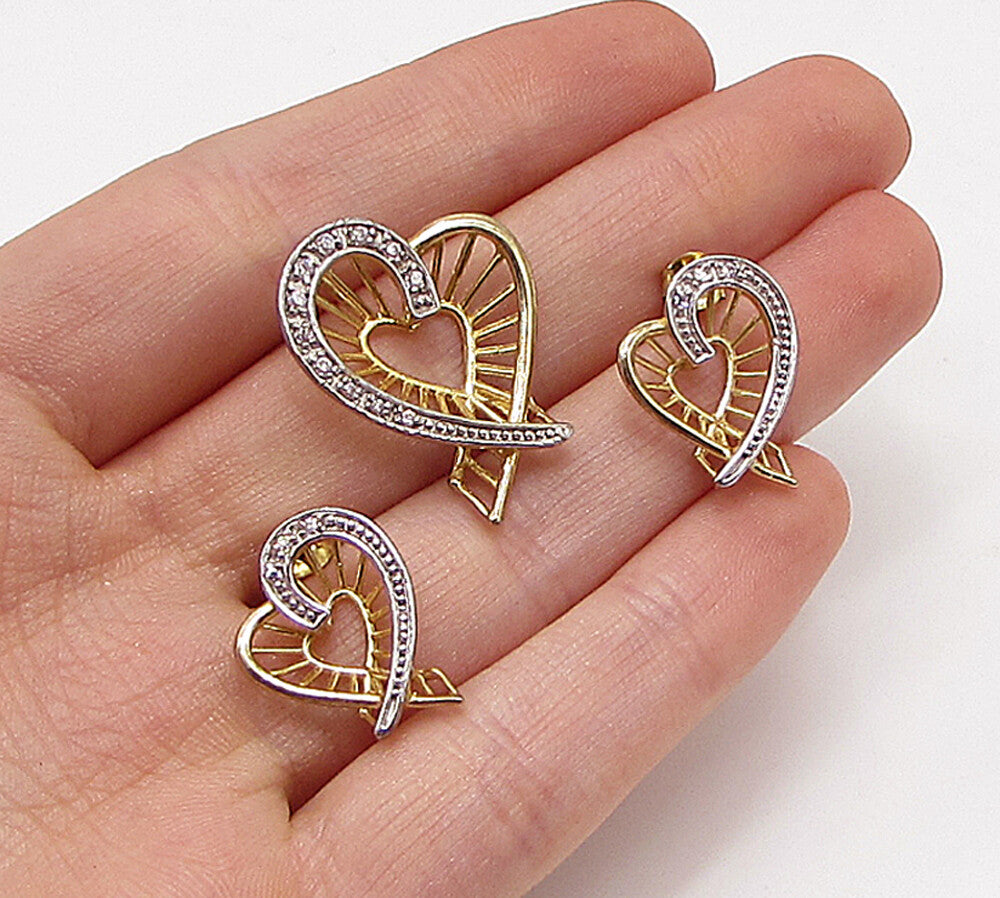 Gold Over 925 Silver  Cubic Zirconia Love Heart Pendant & Earrings Set  TR1005