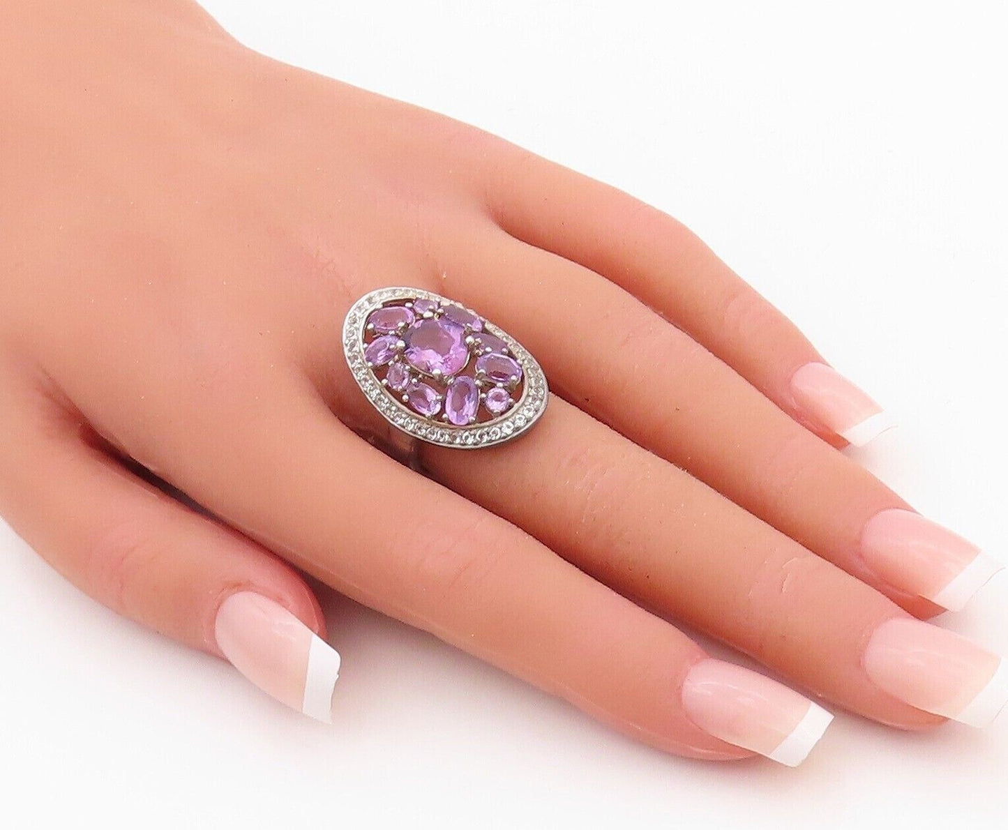 925 Sterling Silver Vintage Ring Oval Cut Amethyst & Topaz Inlay  Sz 7  RG30033