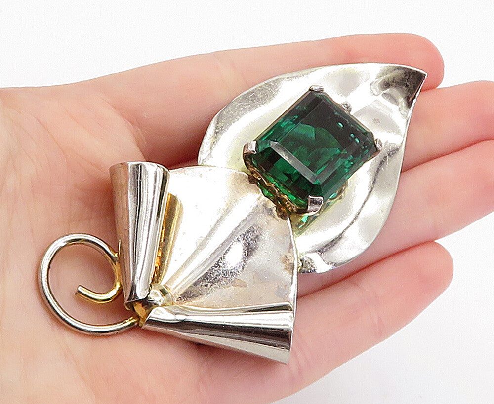925 Sterling Silver  Vintage Green Topaz Shiny Modernist Brooch Pin  BP2444