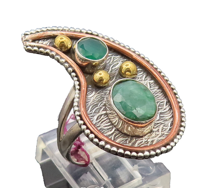 925 Sterling Silver  Vintage Pear Beaded Design Emerald Ring Sz 8.5  RG26963
