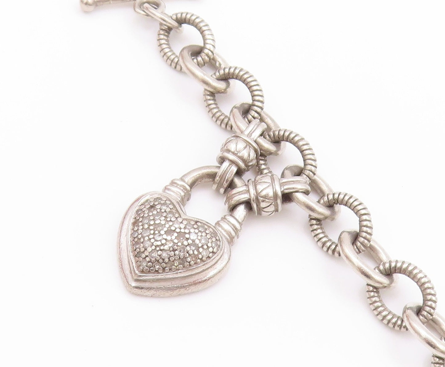 925 Sterling Silver Vintage Bracelet Roped Rings Dangling Diamonds Heart BT11250