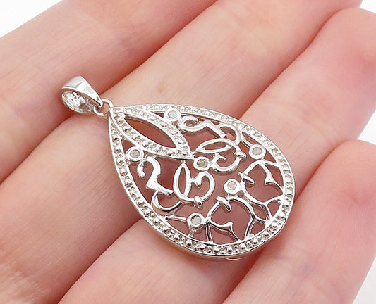 925 Sterling Silver  Genuine Diamonds Open Swirl Tear Drop Pendant  PT5086