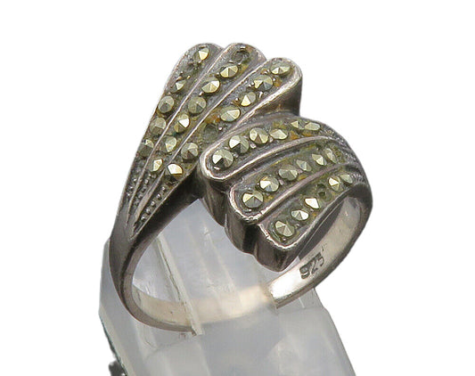 925 Sterling Silver  Vintage Marcasite Bypass Cocktail Ring Sz 8  RG15053