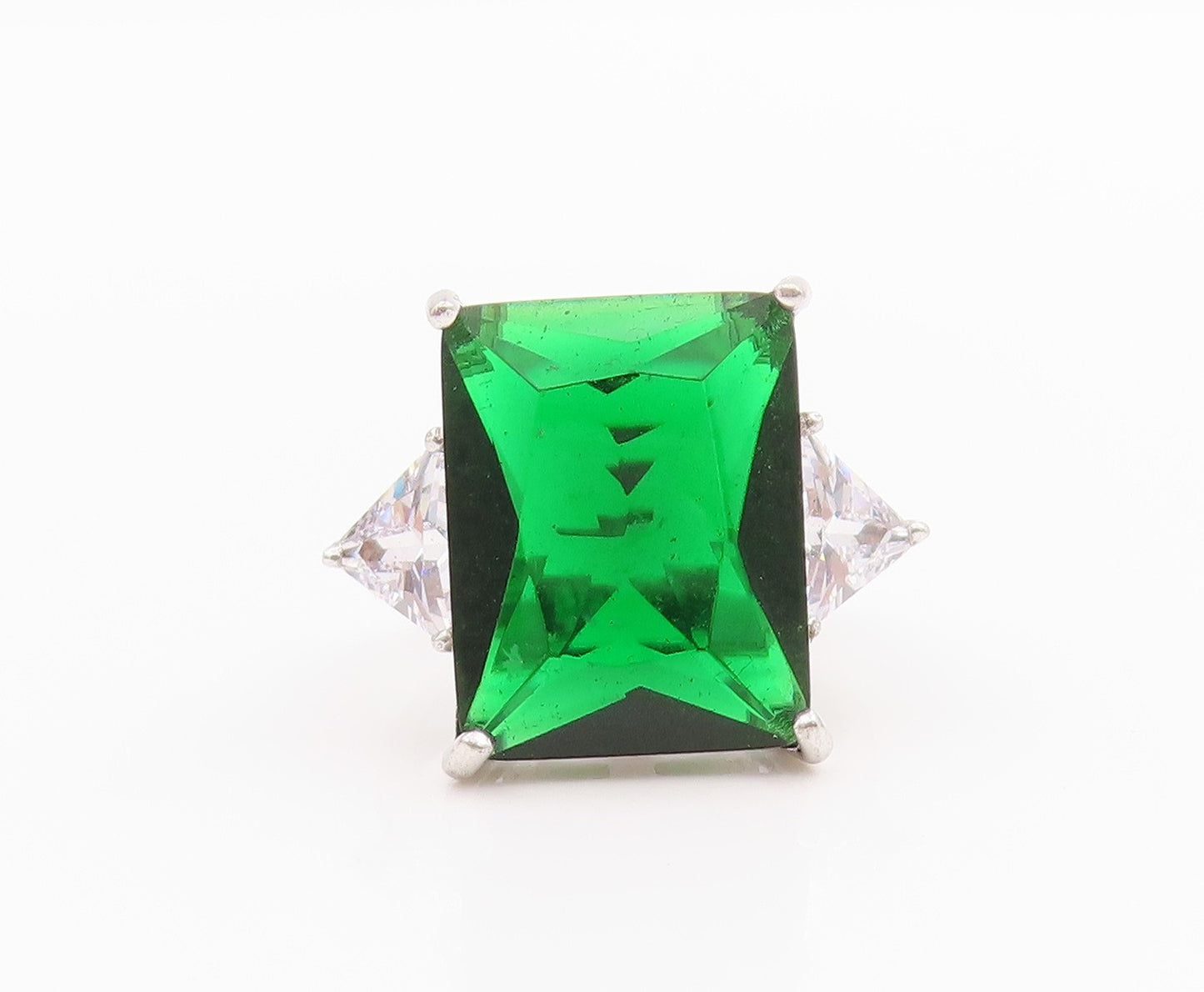 925 Sterling Silver Vintage Ring Rectangle Green & Triangle Cut CZ Sz 8  RG33196