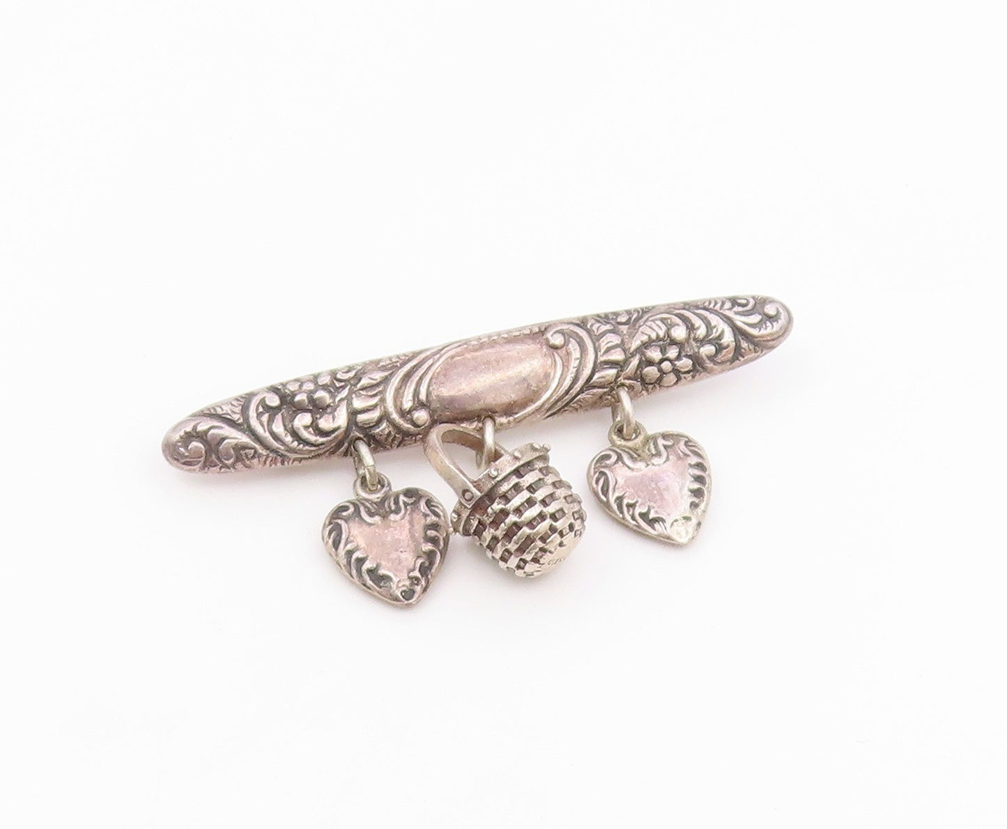 925 Sterling Silver  Vintage Love Hearts & Basket Charmed Brooch Pin  BP8528