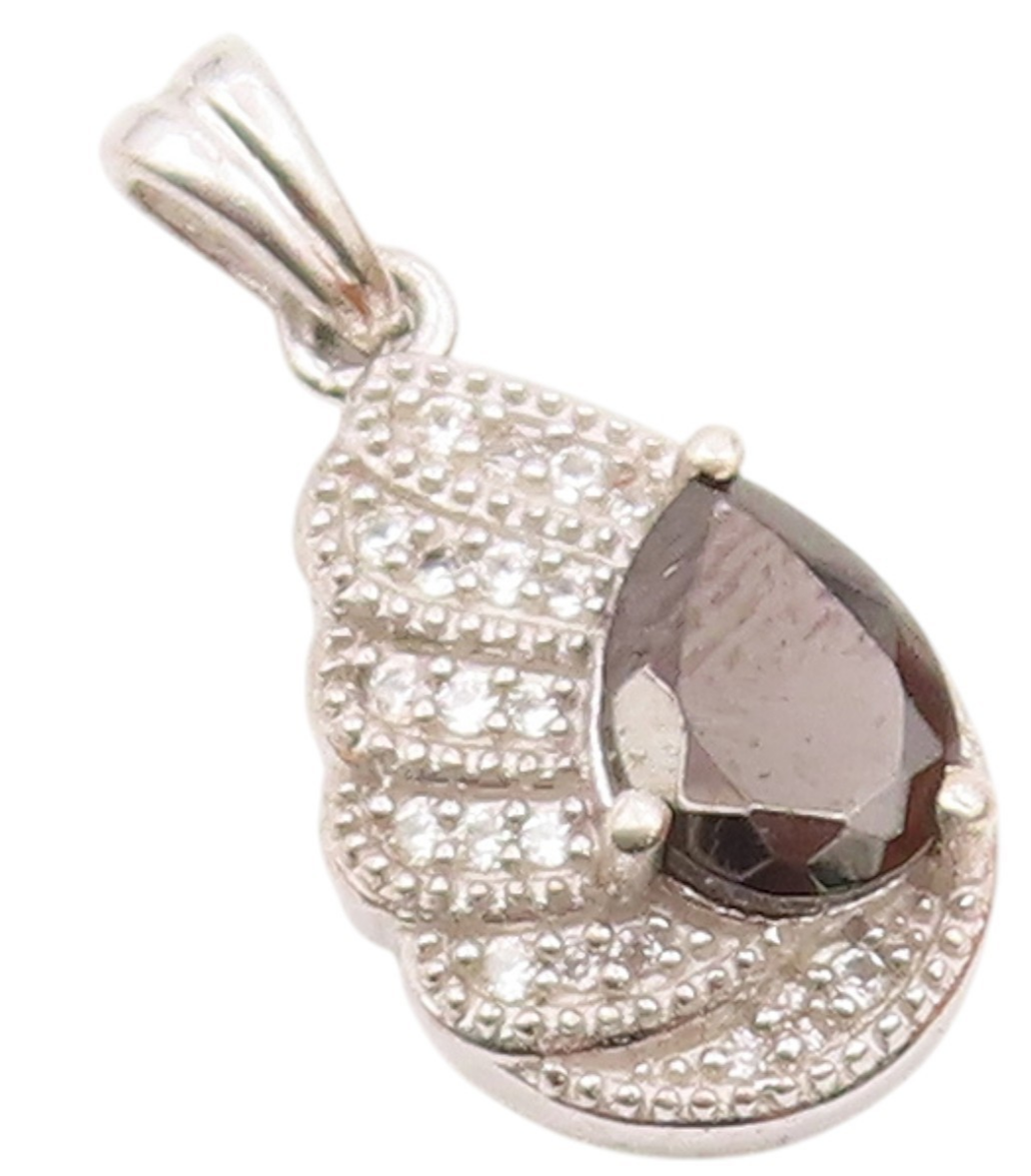 925 Sterling Silver  Vintage Hematite & Topaz Angel Wing Pendant  PT15645