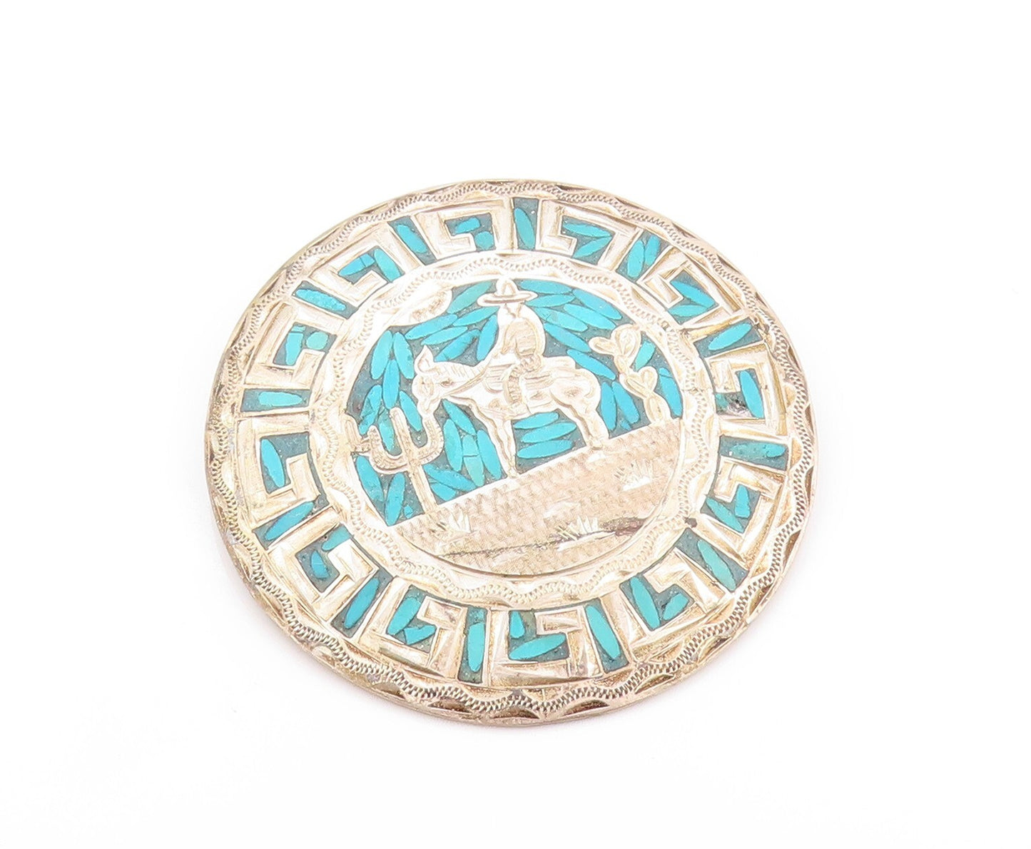 925 Sterling Silver Vintage Brooch MEXICO Crushed Turquoise Landscape  BP11541