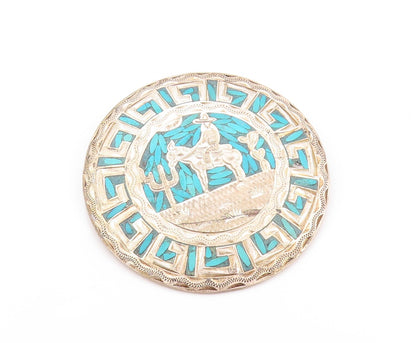 925 Sterling Silver Vintage Brooch MEXICO Crushed Turquoise Landscape  BP11541