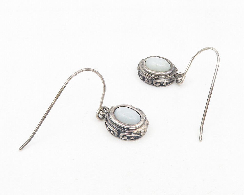 925 Sterling Silver  Vintage White Agate Swirl Pattern Drop Earrings  EG5552