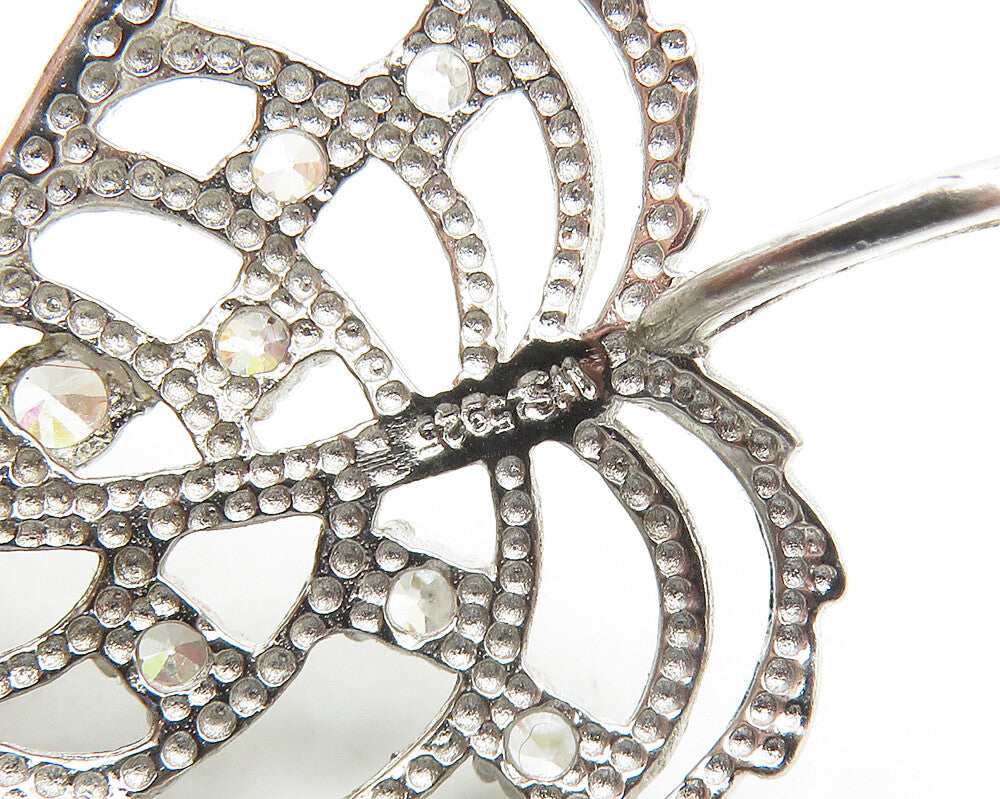 925 Sterling Silver  Cubic Zirconia Love Heart Floral Leaf Pendant  PT14618