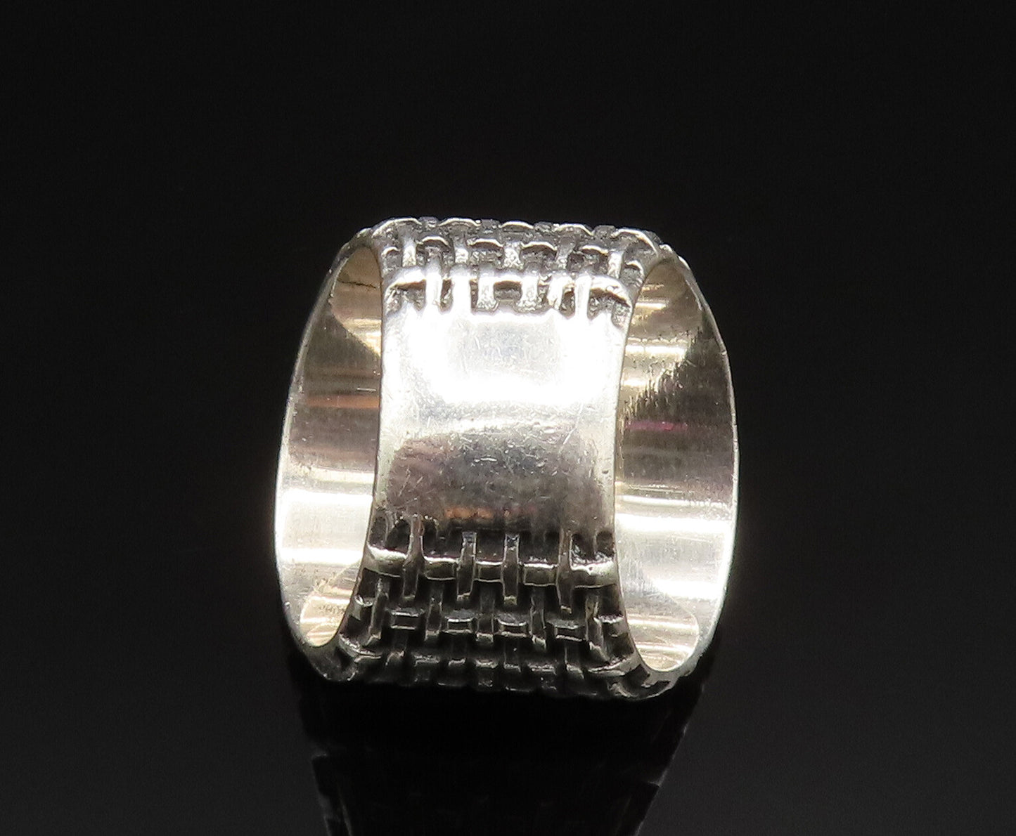 DESIGNER 925 Silver  Vintage Amethyst Basket Weave Wide Band Ring Sz 7 RG25022