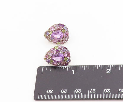 925 Sterling Silver Vintage Earrings Muti Gemstone Teardrop Cluster Stud EG13769