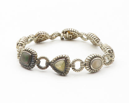 925 Sterling Silver  Vintage Mother Of Pearl Fluted Chain Bracelet  BT5380
