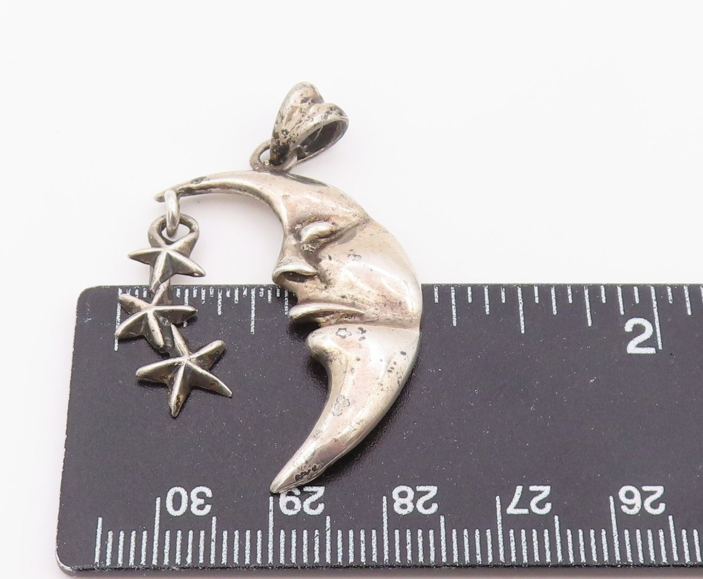 925 Sterling Silver Vintage Pendant Sleeping Crescent Moon & Triple Star PT26400