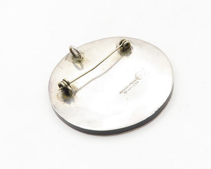 MEXICO 925 Sterling Silver Vintage Black Onyx Etched Design Brooch Pin  BP4122