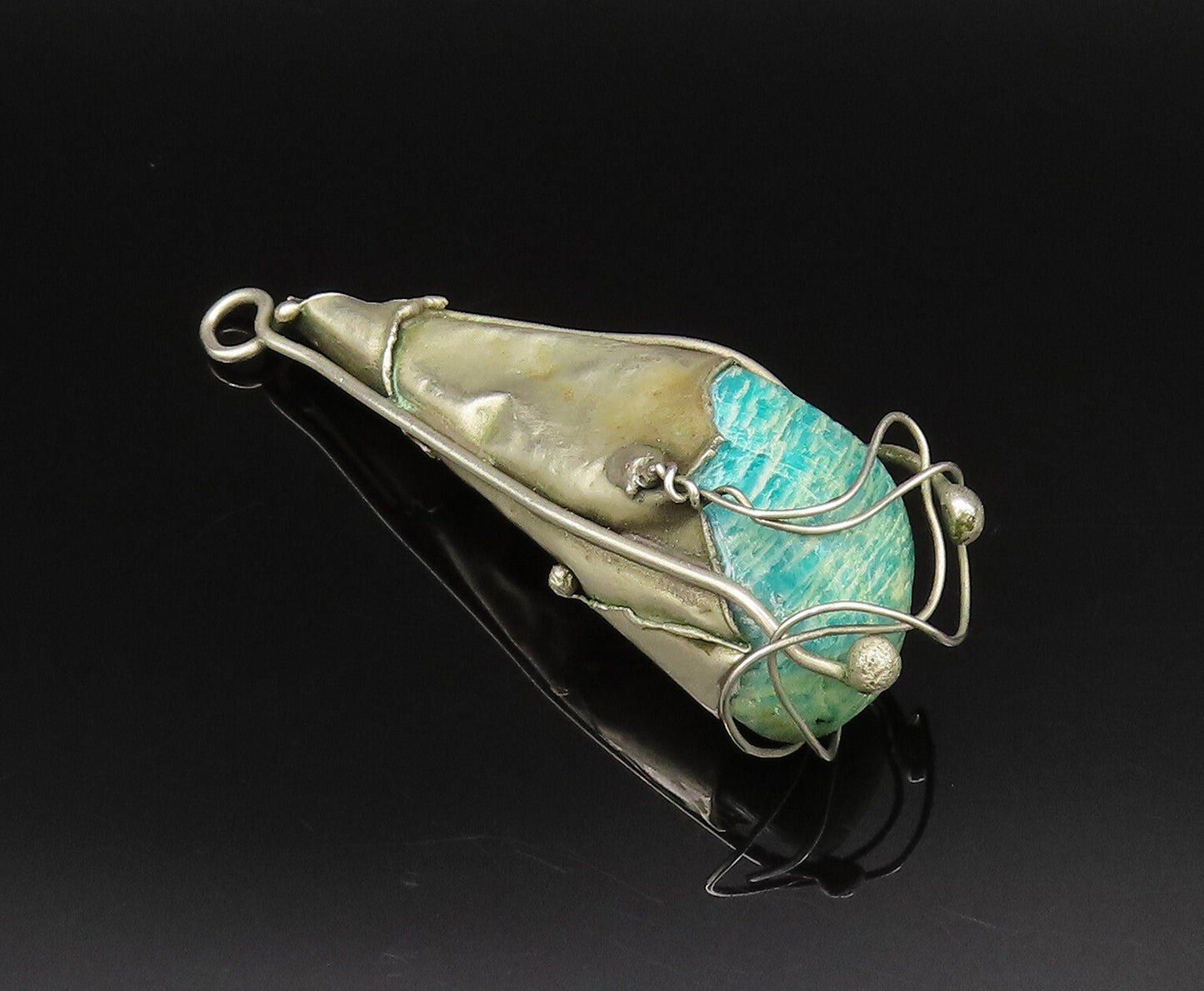 925 Silver  Vintage Modernist Wrapped Green Jasper Stone Cone Pendant  PT21613