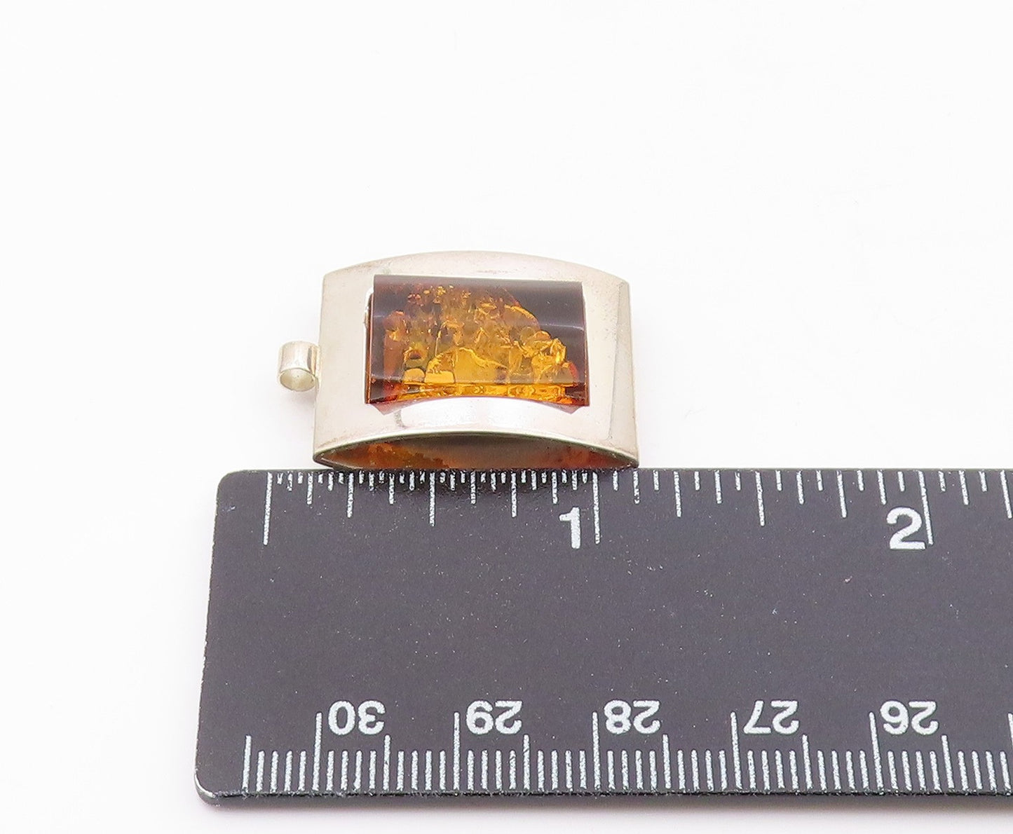 POLAND 925 Sterling Silver  Vintage Amber Shiny Square Frame Pendant  PT19834