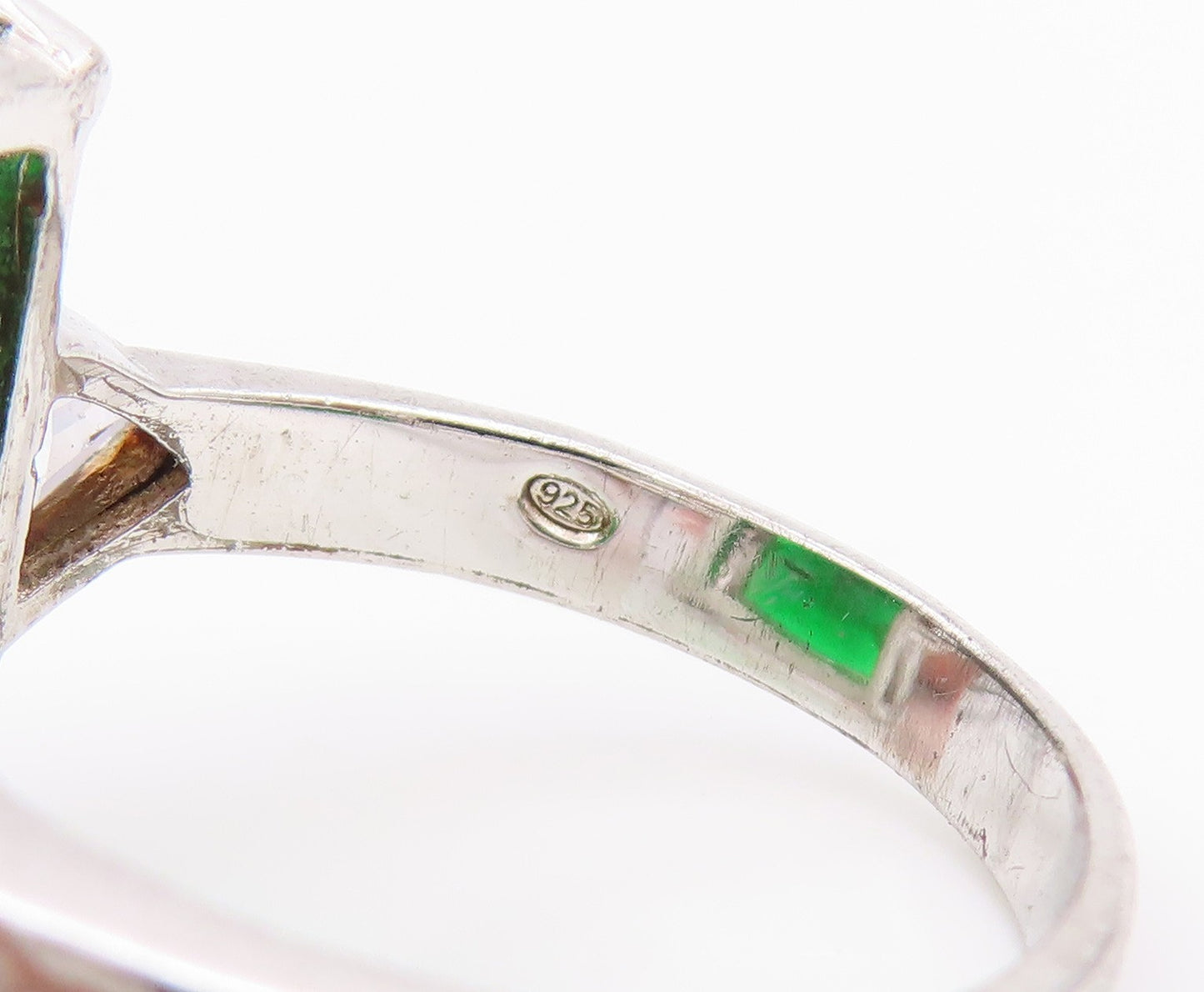 925 Sterling Silver Vintage Ring Rectangle Green & Triangle Cut CZ Sz 8  RG33196