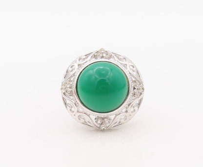 925 Sterling Silver Vintage Ring Swirly Cutout Round Green Onyx  Sz 7.5 RG30213