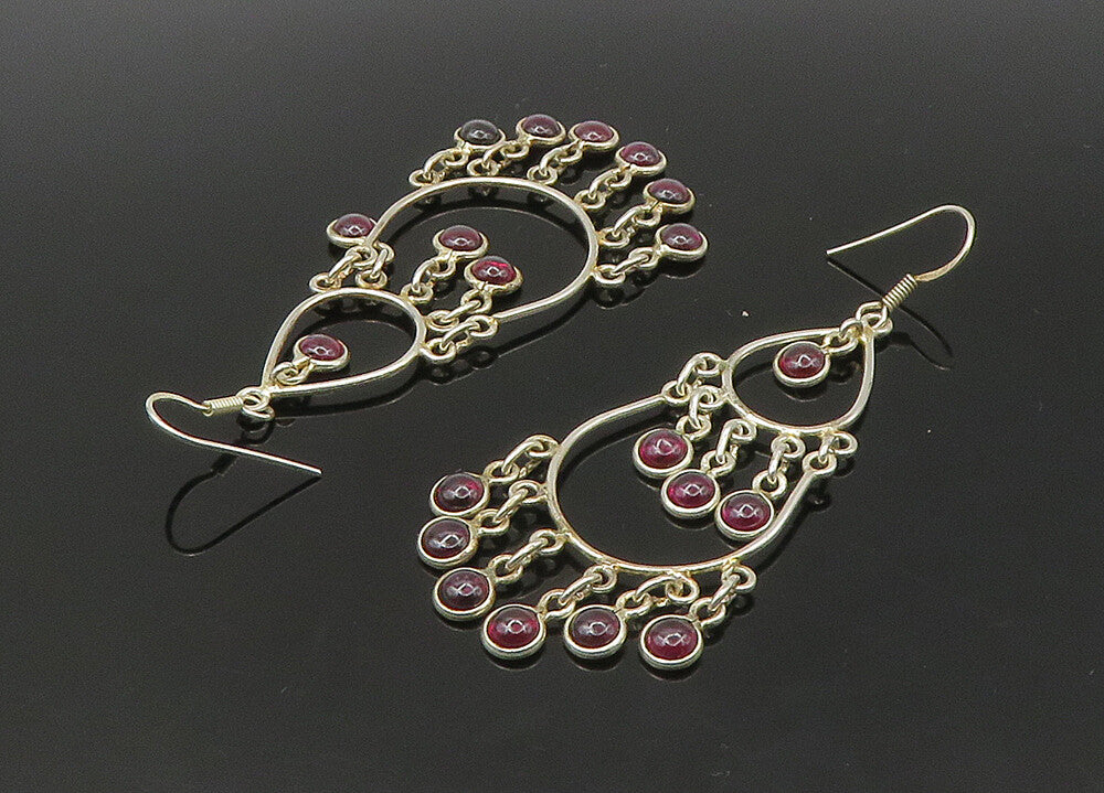 925 Sterling Silver  Vintage Cabochon Cut Garnet Chandelier Earrings  EG11138