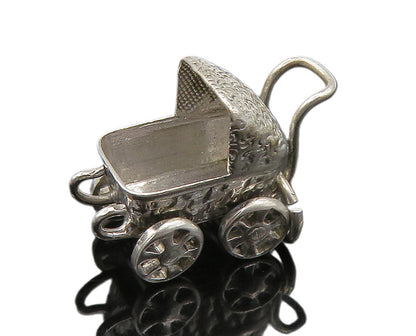 925 Sterling Silver  Vintage Old Fashioned Baby Carriage Pendant  PT17748