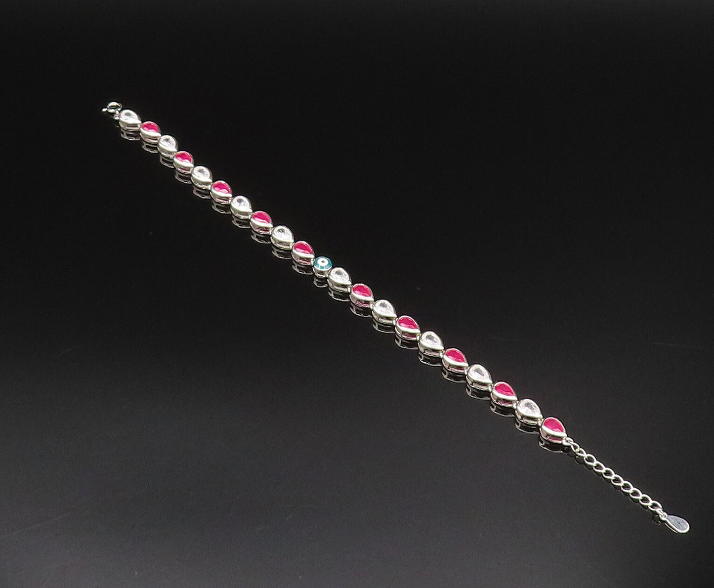 925 Silver  Vintage Enamel Evil Eye Pear Shaped Ruby & Topaz Bracelet  BT9569
