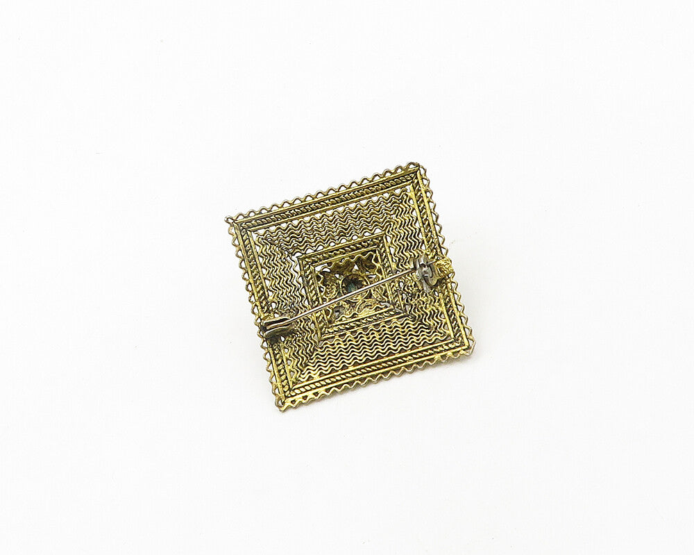 925 Sterling Silver  Vintage Turquoise Floral Design Square Brooch Pin  BP7486