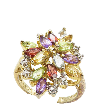 925 Silver  Amethyst Peridot Garnet & Topaz Cocktail Ring Sz 7.5  RG17076