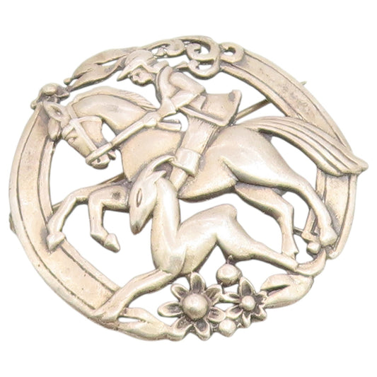 925 Sterling Silver Vintage Brooch Pin Equestrian Hunter & Deer Chase  BP12670