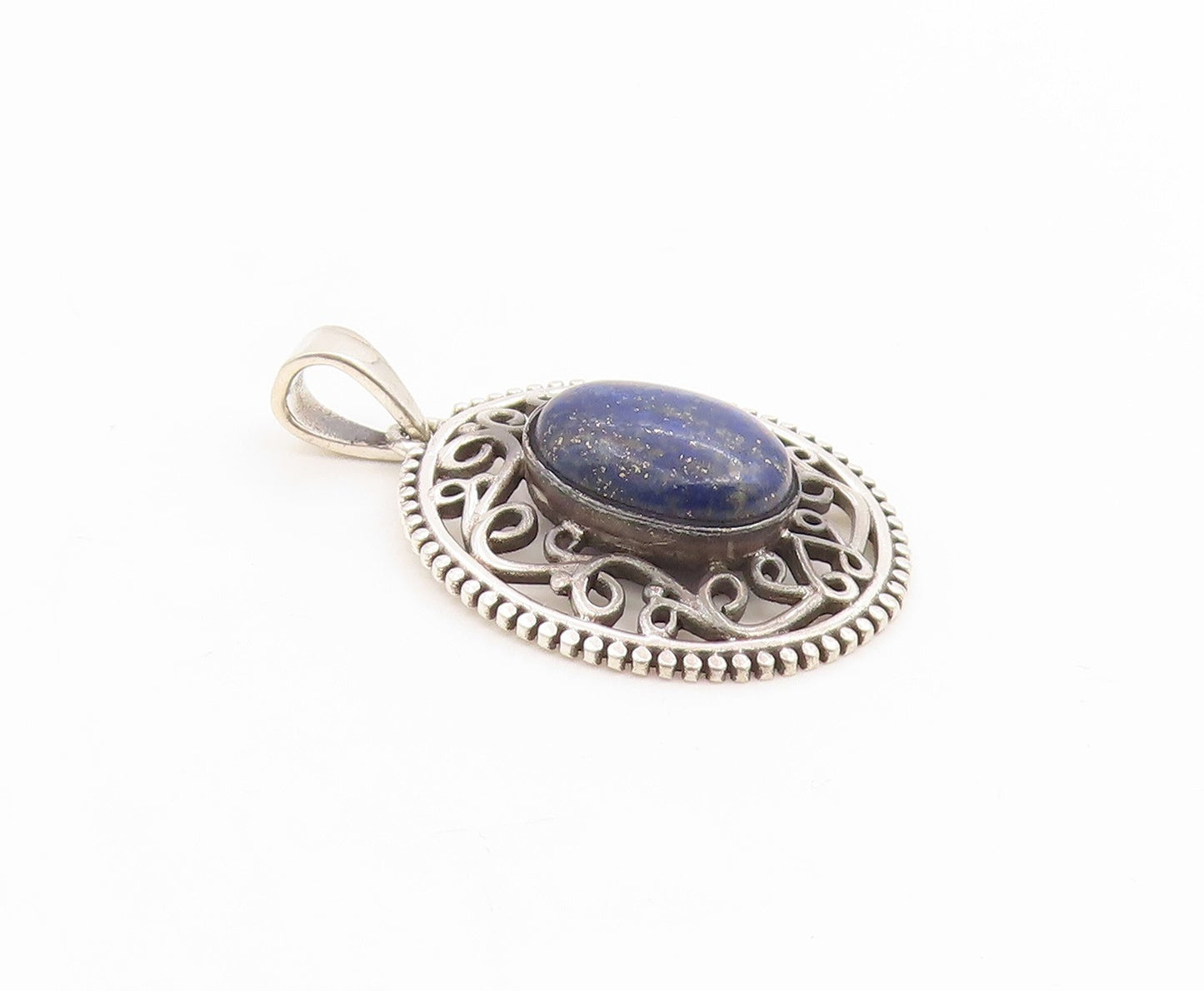 925 Sterling Silver Vintage Pendant Cabochon Lapis Lazuli Openwork Charm PT26239