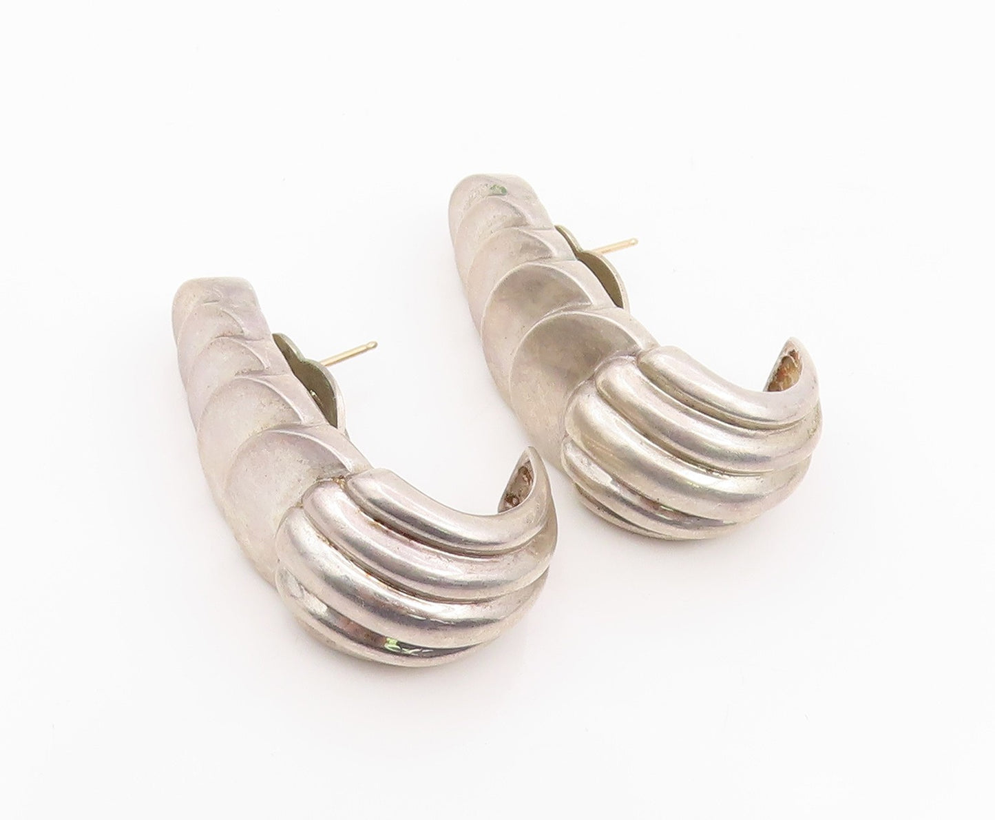 DND 925 Silver & 14K GOLD Vintage Shiny Fluted Heavy J Hoop Earrings  EG10063