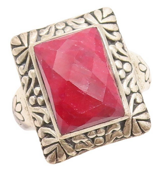 925 Sterling Silver Vintage Ring Red Gemstone Floral Fame Carved  Sz 8  RG30765