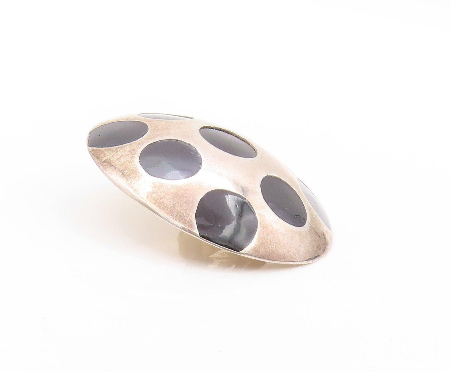 925 Sterling Silver Vintage Earrings MEXICO Polka Dot Onyx Design Disk  EG13578