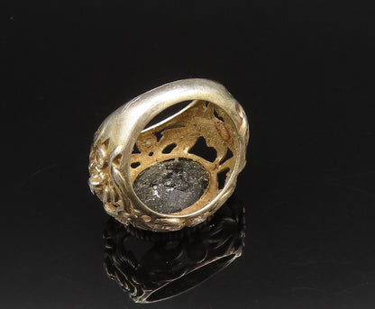 925 Silver  Vintage Oval Black Spinel Openwork Leaf Dome Ring Sz 6.5  RG25895