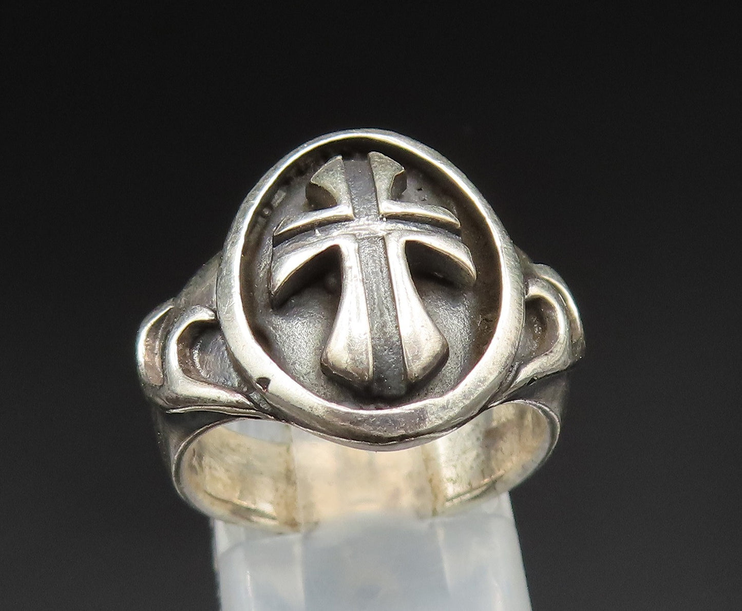925 Sterling Silver Vintage Carved Religious Cross Signet Ring Sz 7  RG24832