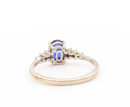 925 Sterling Silver Vintage Ring Diamonds Band & Oval Sapphire  Sz 8  RG32942