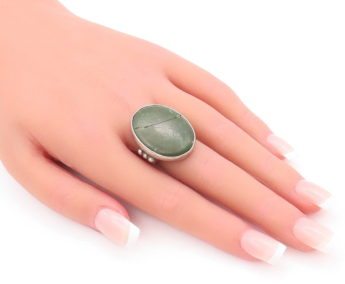 925 Sterling Silver Vintage Ring Antique Southwestern Green Jade Sz 7 RG28234