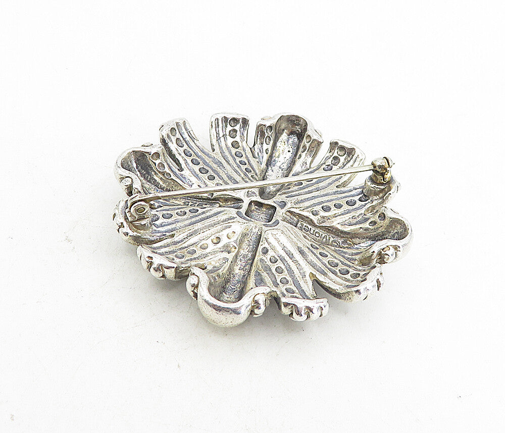 MONET 925 Sterling Silver  Vintage Shiny Round Floral Design Brooch Pin BP3060
